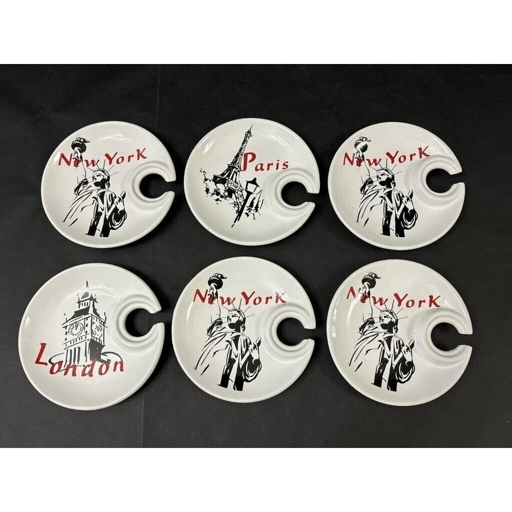 6pc Famous City Double Nice Co., Ltd Hors D’oeuvres Wine Plates NYC LONDON PARIS